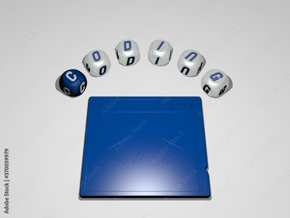Fototapete 3d illustration of coding graphics and text around the icon made by metallic dice letters for the re