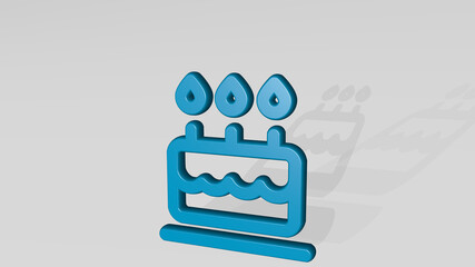 cake birthday from a perspective with the shadow. A thick sculpture made of metallic materials of 3D rendering. background and illustration