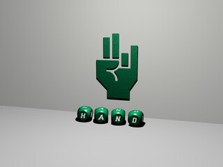 Fototapeta premium 3D graphical image of hand vertically along with text built by metallic cubic letters from the top perspective, excellent for the concept presentation and slideshows. illustration and background