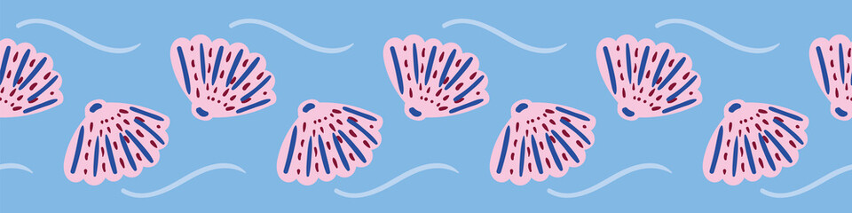 Naklejka premium Pink seashells vector border print. Marine surface print design for embellishing cards, posters, banners. Can be used as seamless pattern on fabrics, stationery, and packaging.