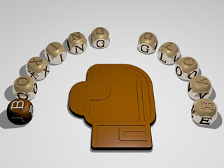 3D representation of BOXING GLOVE with icon on the wall and text arranged by metallic cubic letters on a mirror floor for concept meaning and slideshow presentation. boxer and illustration