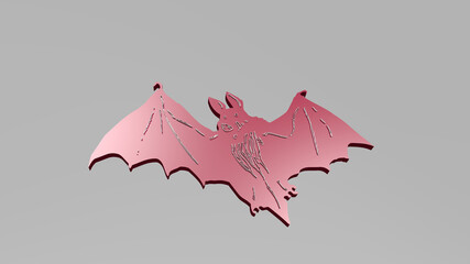 FLYING BAT made by 3D illustration of a shiny metallic sculpture on a wall with light background. blue and air