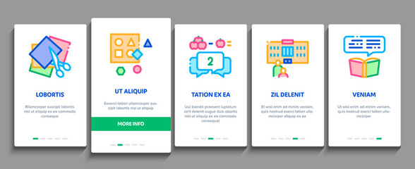 Preschool Education Onboarding Mobile App Page Screen Vector. Preschool Educational Game And Lessons, Teacher And Kids, Painting And Count Illustrations