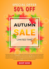 Autumn sale vector background decorate with leaves for holiday sale promo, invitaion card and greeting card. Vector illustration template