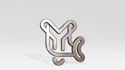 antique sling casting shadow with two lights. 3D illustration of metallic sculpture over a white background with mild texture. ancient and architecture