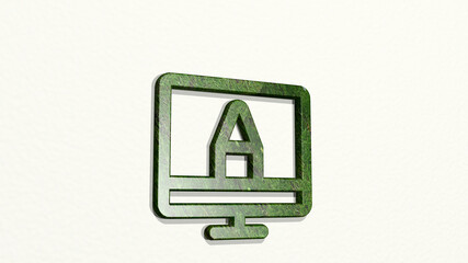 DESIGN MONITOR PENCIL made by 3D illustration of a shiny metallic sculpture on a wall with light background. abstract and art