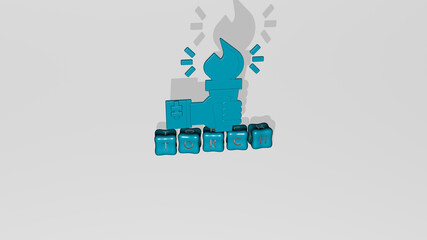 3D graphical image of torch vertically along with text built by metallic cubic letters from the top...