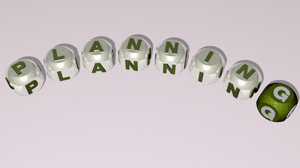 PLANNING combined by dice letters and color crossing for the related meanings of the concept. business and illustration