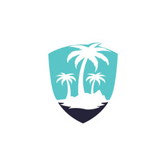 Tropical beach and palm tree logo with shield shape design. shield palm tree vector logo design	
