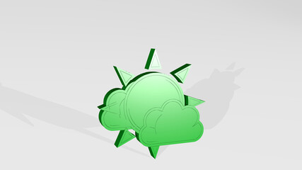 sun and clouds on the wall. 3D illustration of metallic sculpture over a white background with mild texture. beautiful and blue