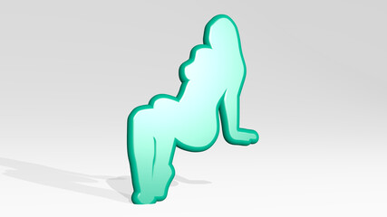 woman in sexy position stand with shadow. 3D illustration of metallic sculpture over a white background with mild texture. beautiful and young