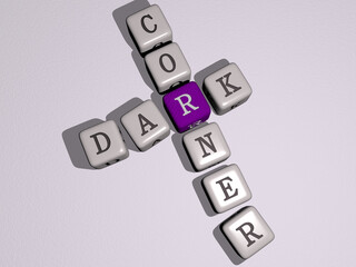 crosswords of DARK CORNER arranged by cubic letters on a mirror floor, concept meaning and presentation. background and abstract