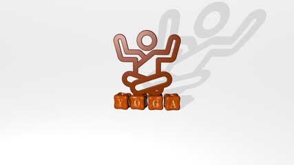 3D representation of YOGA with icon on the wall and text arranged by metallic cubic letters on a mirror floor for concept meaning and slideshow presentation. woman and illustration