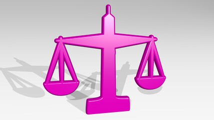 justice balance from a perspective with the shadow. A thick sculpture made of metallic materials of 3D rendering. law and illustration