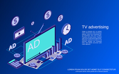 TV marketing, advertisement flat isometric vector concept illustration