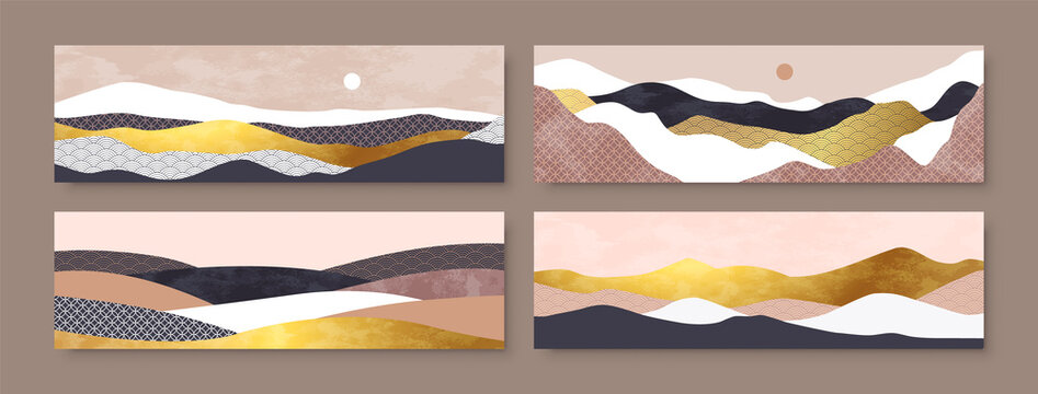 Abstract mountain landscape illustration set, luxury gold foil graphic collection of asian art style mountains and horizon scenery view on isolated background. Horizontal format copy space banner. © Dedraw Studio