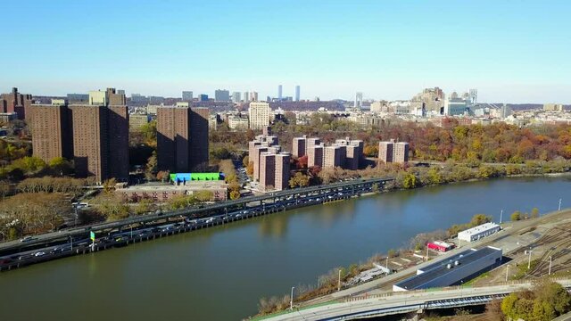 Aerial Pan of Upper Manhattan, Harlem River and the Bronx