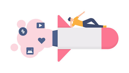 startup concept, digital marketing launch. illustration of people relaxing on a rocket or missile. flat design. can be used for elements, landing pages, UI, websites