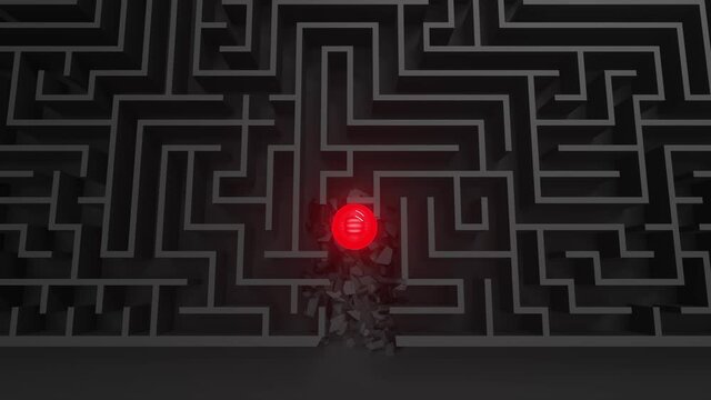 Red luminous ball in dark black maze. The concept of solving complex business problems or training. Overcoming obstacles and difficulties. The road to success. Protest. Labyrinth finding. 3d animation