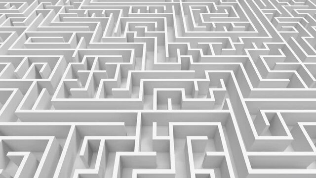 Huge white grey maze. Choices and challenge theme. Complex way to find exit, business concept or education. Template for background. Labyrinth finding a solution. Forward movement. 4K 3d animation