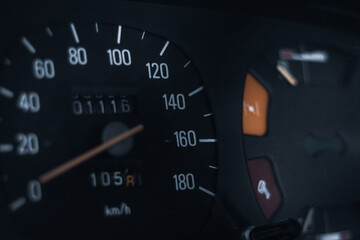 Dashboard counts kilometers of old car.
