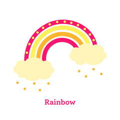 Rainbow flat cartoon style. Rainbow with clouds abstract hand drawn colored. Cute bright nature weather elements for kids. For print, card, fabric or book. Isolated vector illustration