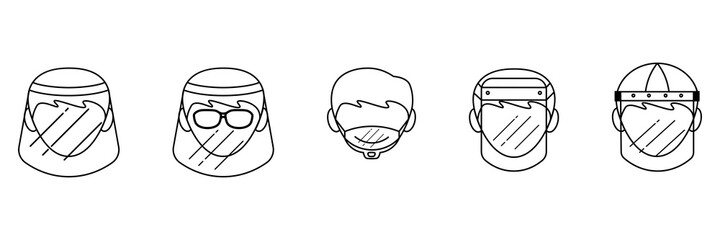 Set of Man Wearing Different Kind of Face Shield Thin Icon. Transparent Plastic Mask Icon. Vector Design Illustration.