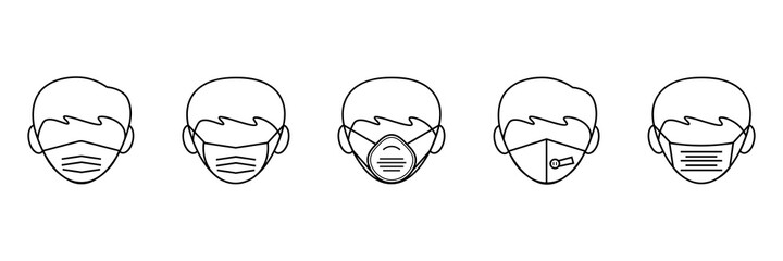 Set of Man Wearing Different Kind of Mouth Mask Thin Icon. Different kind of protective medical mouth mask. Vector Design Illustration.