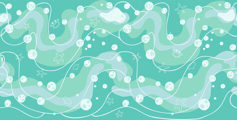 Seamless open sea background with waves and boats. Vector illustration