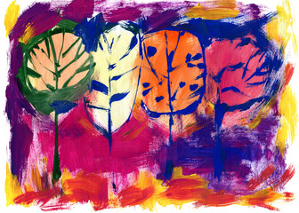 Fototapeta premium Stylish autumn trees on the background of bright maroon autumn foliage. Modern acrylic illustration of a forest. Maple, hawthorn and aspen.