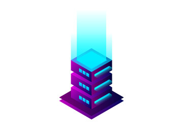 Datacenter isometric vector illustration. Abstract 3d hosting server or data center room background. Network or mainframe infrastructure website header layout. Computer storage or farming workstation.