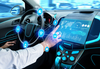 Driverless car interior with futuristic dashboard for autonomous control system . Inside view of...
