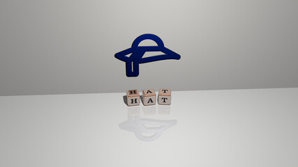 3D representation of HAT with icon on the wall and text arranged by metallic cubic letters on a mirror floor for concept meaning and slideshow presentation. illustration and background