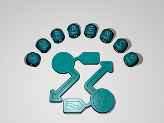 3D illustration of CURRENCY graphics and text around the icon made by metallic dice letters for the related meanings of the concept and presentations. business and background