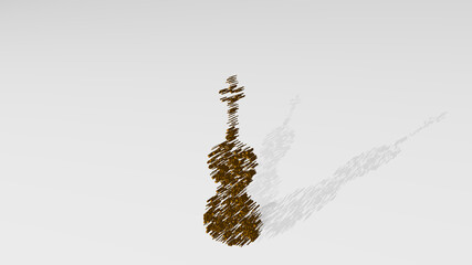 VIOLIN from a perspective on the wall. A thick sculpture made of metallic materials of 3D rendering. music and background