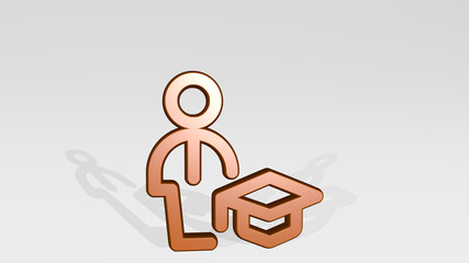 single man actions graduate made by 3D illustration of a shiny metallic sculpture with the shadow on light background. icon and isolated