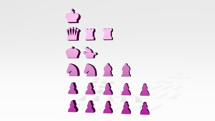 CHESS PIECES stand with shadow. 3D illustration of metallic sculpture over a white background with mild texture. board and black