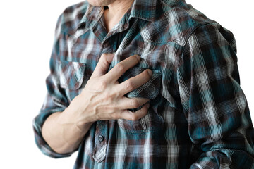 Heart attack, Man standing chest pain in the bedroom Health concept