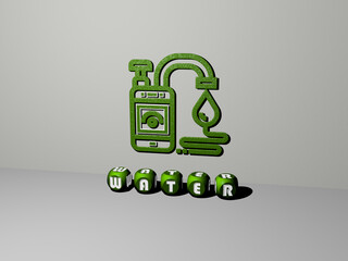 3D graphical image of water vertically along with text built by metallic cubic letters from the top perspective, excellent for the concept presentation and slideshows. background and blue
