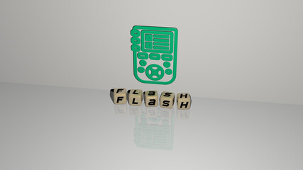 3D illustration of flash graphics and text made by metallic dice letters for the related meanings of the concept and presentations. background and abstract