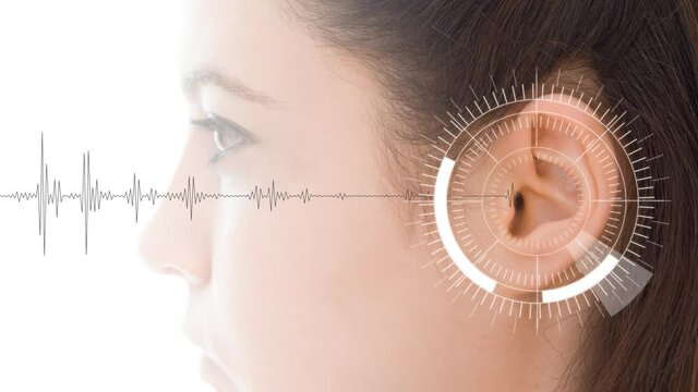 Hearing test showing ear of young woman with sound waves simulation technology - isolated on white