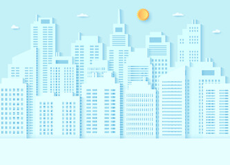 Cityscape, building with blue sky and a bright sun, paper art style