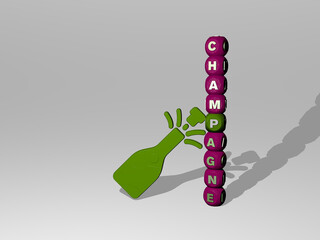 3D representation of champagne with icon on the wall and text arranged by metallic cubic letters on a mirror floor for concept meaning and slideshow presentation. background and alcohol