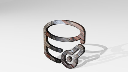 DATABASE KEY casting shadow from a perspective. A thick sculpture made of metallic materials of 3D rendering. illustration and concept