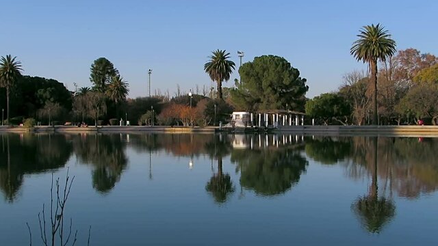 Trees and Palm trees reflected in a mirror of water at the park Parque General San Martin, in Mendoza, Argentina.