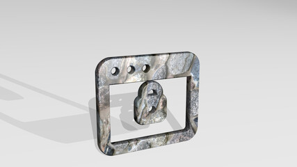 app window lock casting shadow with two lights. 3D illustration of metallic sculpture over a white background with mild texture. icon and design