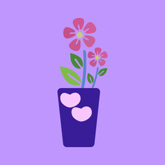 Orange flowers in purple pots have a heart shape isolated on background.