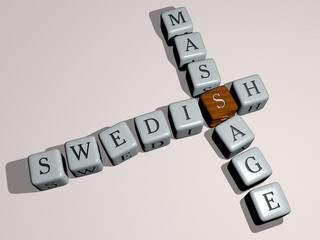 SWEDISH MASSAGE combined by dice letters and color crossing for the related meanings of the concept. sweden and editorial