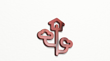 OUTDOORS BIRD HOUSE on the wall. 3D illustration of metallic sculpture over a white background with mild texture. beautiful and nature