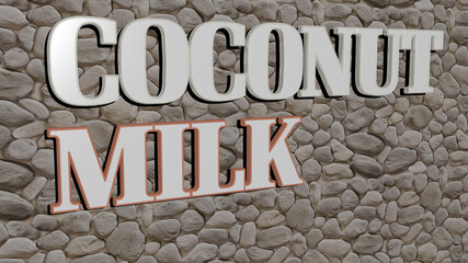 3D graphical image of coconut milk vertically along with text built by metallic cubic letters from the top perspective, excellent for the concept presentation and slideshows. background and beach